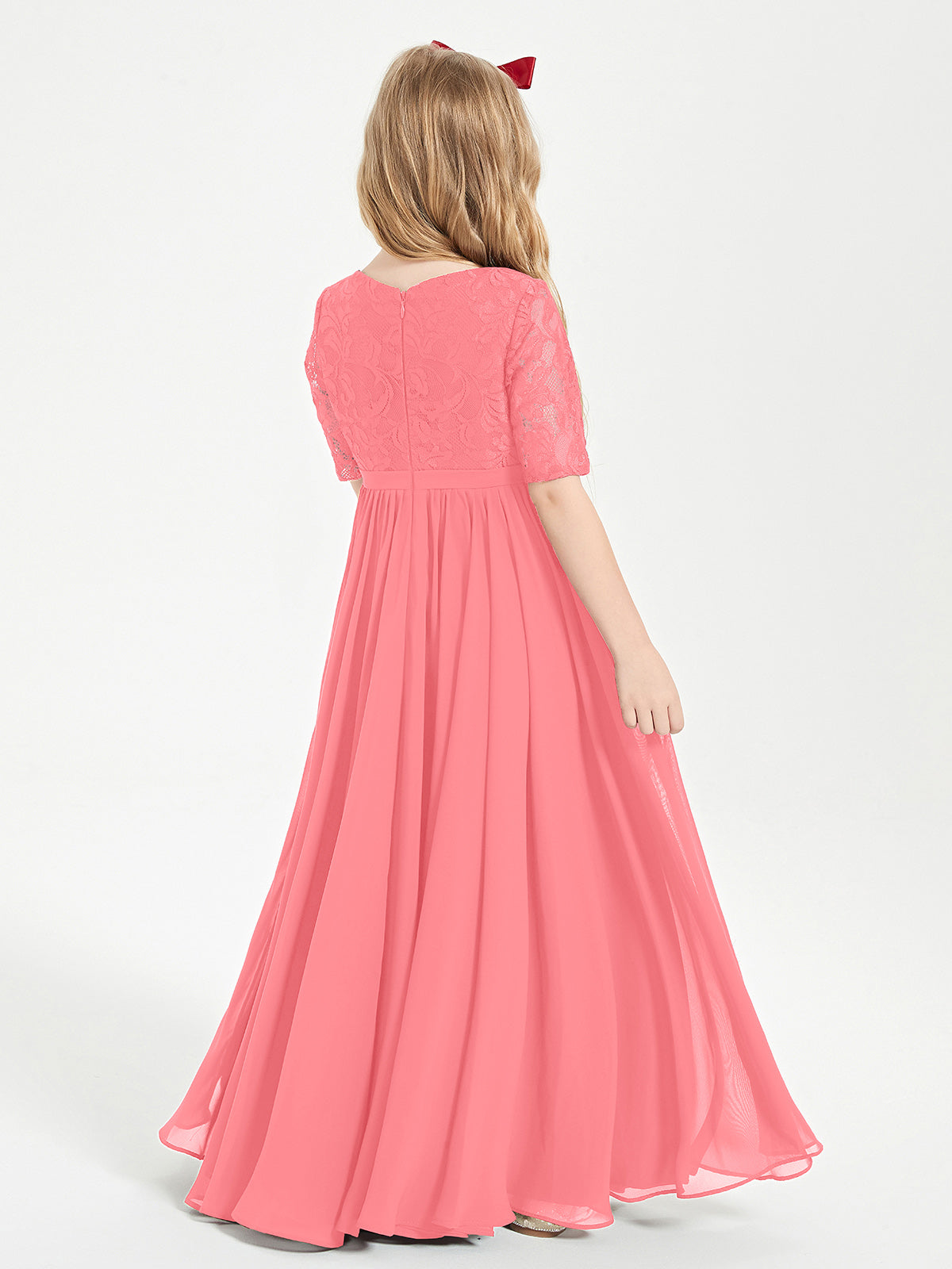 Lace Top Half Sleeved Junior Bridesmaids Dresses Watermelon
